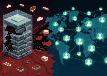 Servidores rojos con cables y dispositivos conectados frente a mapa mundial azul‑verde con nodos de usuarios enlazados, ilustrando flujo de datos entre infraestructura central y red global.