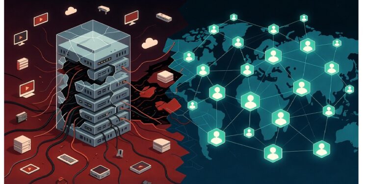 Servidores rojos con cables y dispositivos conectados frente a mapa mundial azul‑verde con nodos de usuarios enlazados, ilustrando flujo de datos entre infraestructura central y red global.