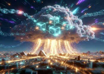 Ciudad futurista iluminada bajo nube brillante de cubos encadenados que descienden en haces de luz, simbolizando redes blockchain fusionadas con infraestructura urbana digital.