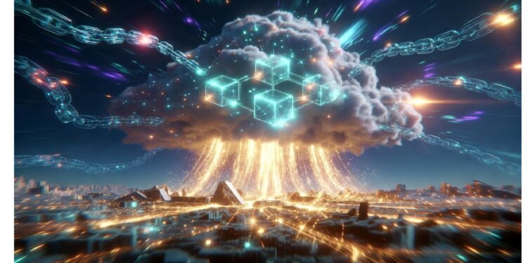 Ciudad futurista iluminada bajo nube brillante de cubos encadenados que descienden en haces de luz, simbolizando redes blockchain fusionadas con infraestructura urbana digital.