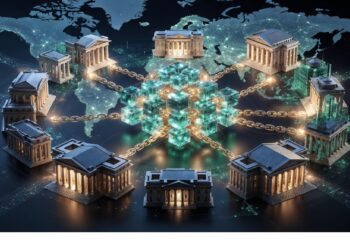 Bancos clásicos conectados por cadenas doradas y cubos luminosos sobre mapa mundial con líneas de datos, evocando integración blockchain y conectividad financiera internacional.