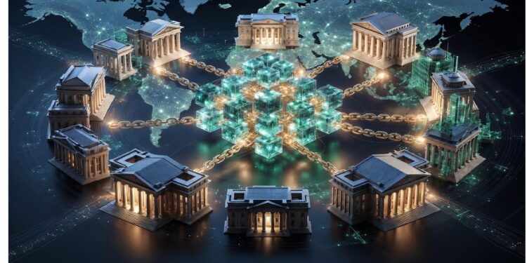 Bancos clásicos conectados por cadenas doradas y cubos luminosos sobre mapa mundial con líneas de datos, evocando integración blockchain y conectividad financiera internacional.