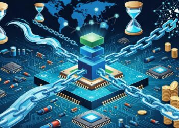 Cubo brillante encadenado rodeado de chips, circuitos, monedas doradas y relojes de arena sobre mapa mundial, evocando seguridad, tiempo y alcance global de redes blockchain.