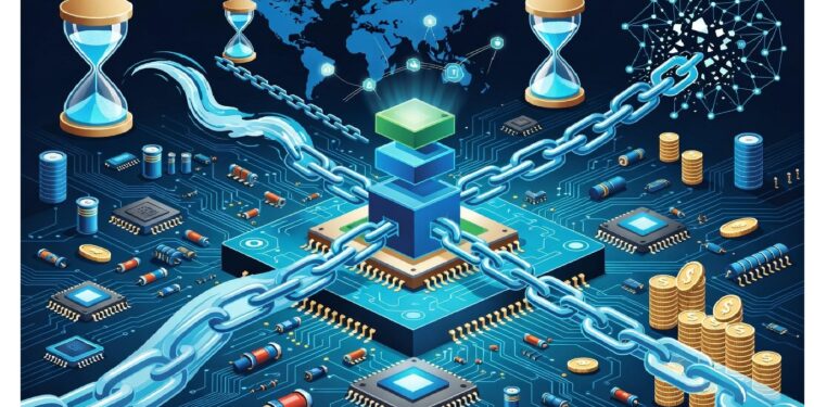Cubo brillante encadenado rodeado de chips, circuitos, monedas doradas y relojes de arena sobre mapa mundial, evocando seguridad, tiempo y alcance global de redes blockchain.