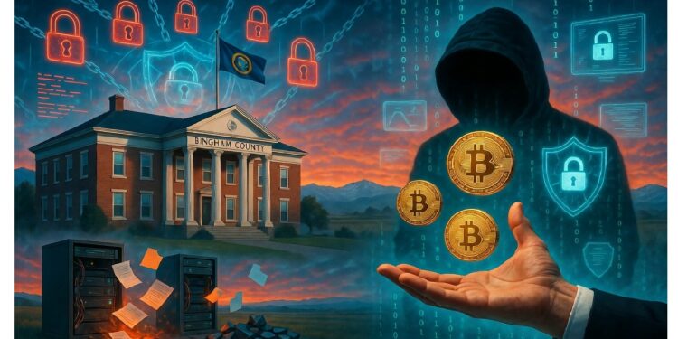 Tribunal con servidores ardiendo y papeles volando frente a figura encapuchada y mano con bitcoins, mostrando choque entre instituciones legales y delitos cibernéticos.