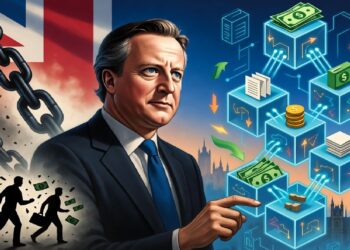 Hombre frente a cadena gigante que une bloques azules con íconos tecnológicos y bloques verdes con mapa global, simbolizando conexión e integración entre redes digitales.
