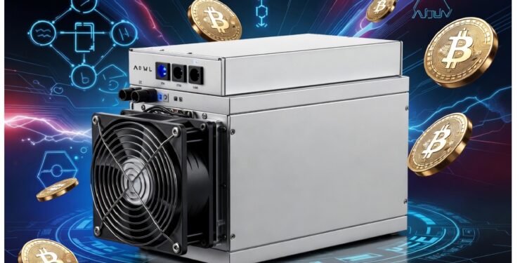 Equipo ASIC metálico con gran ventilador rodeado de símbolos de Bitcoin sobre fondo de circuitos brillantes, evocando minería cripto y potencia computacional especializada.