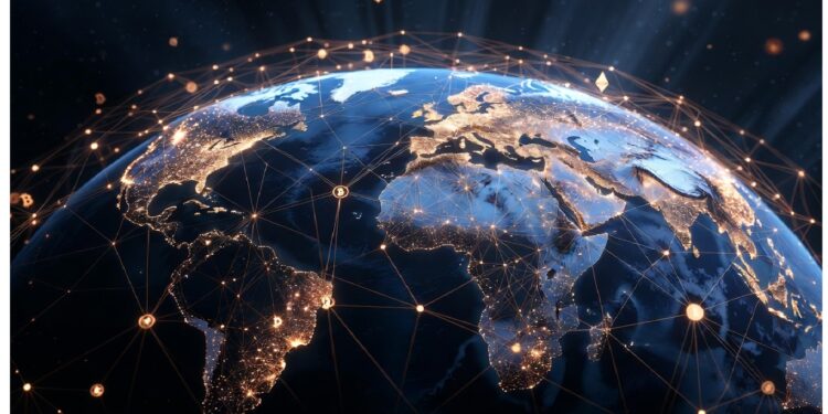 Planeta iluminado con continentes dorados conectados por líneas brillantes sobre fondo oscuro, evocando redes globales de comunicación y flujo digital de información a escala mundial.