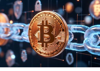 Cubos transparentes conectados con iconos de candado flotan frente a fachada bancaria mientras tres personas interactúan con flujos luminosos, evocando integración entre banca y tecnología segura.