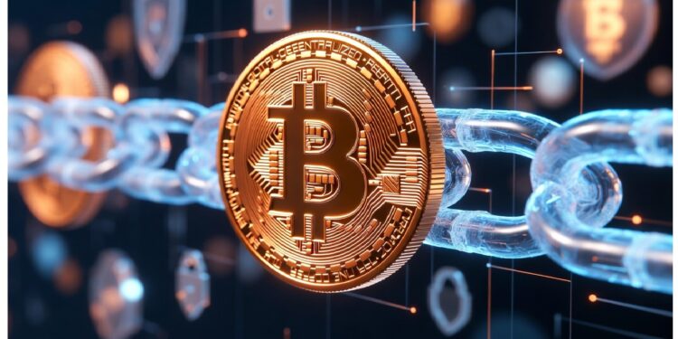 Cubos transparentes conectados con iconos de candado flotan frente a fachada bancaria mientras tres personas interactúan con flujos luminosos, evocando integración entre banca y tecnología segura.