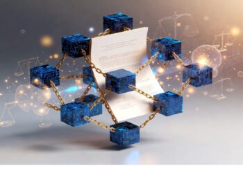 Cadenas doradas rodean cubos digitales azules junto a un documento iluminado, con símbolos jurídicos difuminados al fondo, evocando contratos digitales y tecnología blockchain aplicada a lo legal.