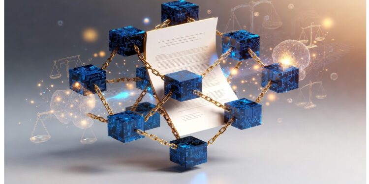 Cadenas doradas rodean cubos digitales azules junto a un documento iluminado, con símbolos jurídicos difuminados al fondo, evocando contratos digitales y tecnología blockchain aplicada a lo legal.
