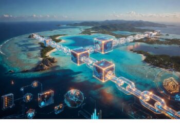 Isla tropical rodeada de mar turquesa con gran cadena de cubos luminosos y gráficos holográficos superpuestos, evocando integración de redes digitales en un entorno natural.