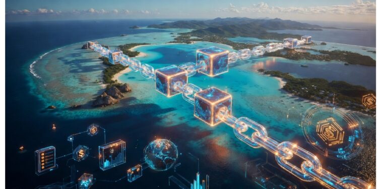 Isla tropical rodeada de mar turquesa con gran cadena de cubos luminosos y gráficos holográficos superpuestos, evocando integración de redes digitales en un entorno natural.