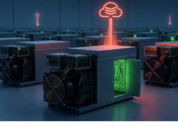 Centro de servidores con unidades alineadas y un servidor iluminado en verde bajo un ícono de nube roja, evocando infraestructura tecnológica y procesamiento de datos en entornos de computación en la nube.