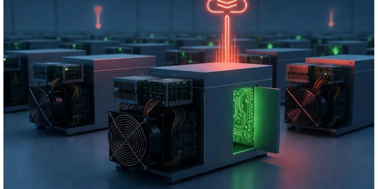 Centro de servidores con unidades alineadas y un servidor iluminado en verde bajo un ícono de nube roja, evocando infraestructura tecnológica y procesamiento de datos en entornos de computación en la nube.