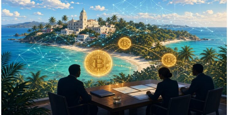 Tres personas sentadas frente a una isla tropical con edificios clásicos mientras símbolos de Bitcoin y redes digitales flotan sobre la escena, evocando finanzas globales y criptomonedas en entornos offshore.