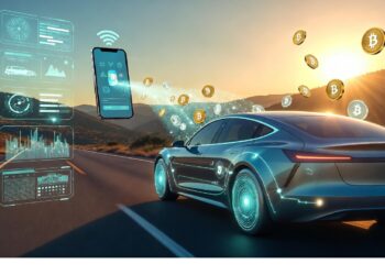 Auto futurista con acentos azules avanzando entre montañas al atardecer, rodeado de íconos digitales y gráficos que evocan conectividad, datos y tecnología inteligente en movilidad.