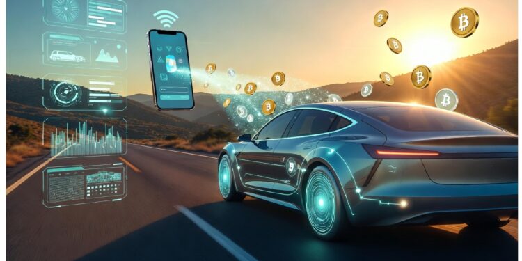 Auto futurista con acentos azules avanzando entre montañas al atardecer, rodeado de íconos digitales y gráficos que evocan conectividad, datos y tecnología inteligente en movilidad.