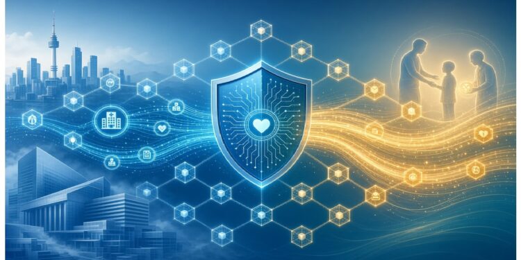 Escudo central rodeado de nodos hexagonales conectados, con ciudad tecnológica a la izquierda y siluetas familiares a la derecha, evocando protección de datos y seguridad digital para personas y entornos urbanos.