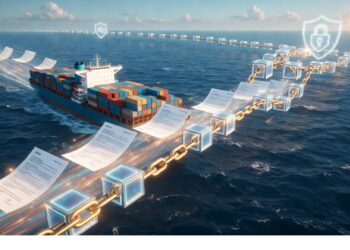 Buque de carga con contenedores navegando mientras cubos digitales y cadenas doradas rodean documentos flotantes, evocando trazabilidad segura y gestión de cadena de suministro con tecnología blockchain.
