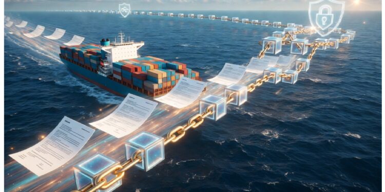 Buque de carga con contenedores navegando mientras cubos digitales y cadenas doradas rodean documentos flotantes, evocando trazabilidad segura y gestión de cadena de suministro con tecnología blockchain.