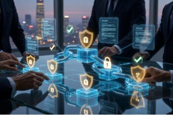 Profesionales en oficina observan proyección holográfica con cadenas, candados y documentos digitales sobre mesa de vidrio, evocando seguridad de datos y transacciones en entorno corporativo.