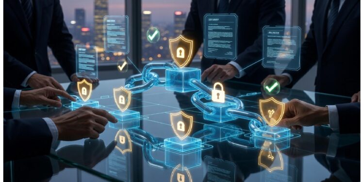 Profesionales en oficina observan proyección holográfica con cadenas, candados y documentos digitales sobre mesa de vidrio, evocando seguridad de datos y transacciones en entorno corporativo.
