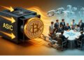 Ilustración de minería y blockchain con equipo ASIC emitiendo energía hacia un símbolo de Bitcoin, cadenas metálicas y ejecutivos analizando nodos y datos digitales en una mesa de trabajo.