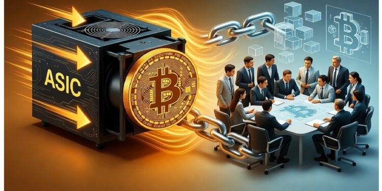 Ilustración de minería y blockchain con equipo ASIC emitiendo energía hacia un símbolo de Bitcoin, cadenas metálicas y ejecutivos analizando nodos y datos digitales en una mesa de trabajo.