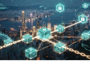 Ciudad nocturna junto al agua con rascacielos iluminados y cubos digitales conectados por cadena dorada flotante, evocando integración de redes seguras en infraestructura urbana moderna.