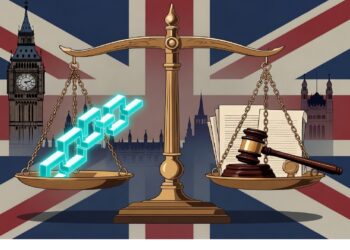 Balanza dorada que contrasta cadenas de blockchain con un mazo judicial sobre documentos legales, frente a la bandera del Reino Unido y monumentos de Londres, simbolizando regulación tecnológica.