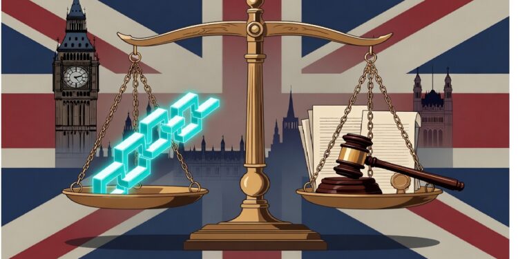 Balanza dorada que contrasta cadenas de blockchain con un mazo judicial sobre documentos legales, frente a la bandera del Reino Unido y monumentos de Londres, simbolizando regulación tecnológica.