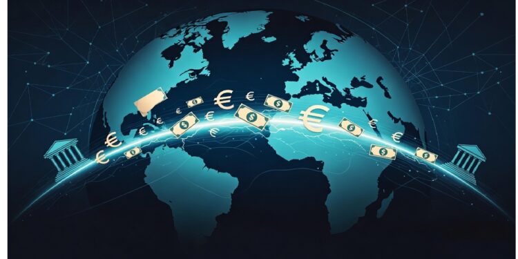 Globo terráqueo con red luminosa y símbolos de euro y dólar fluyendo entre dos íconos de banco, representando transferencias financieras internacionales y conectividad global.