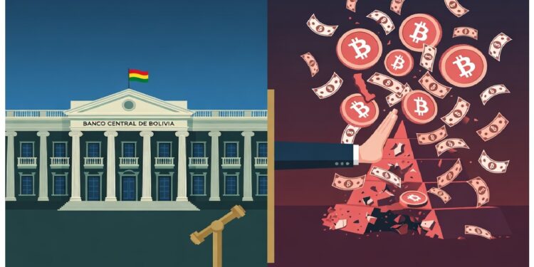 Edificio del Banco Central de Bolivia con bandera y mazo judicial frente a mano sosteniendo pirámide que se deshace en billetes y símbolos Bitcoin, contrastando banca tradicional y criptoactivos.
