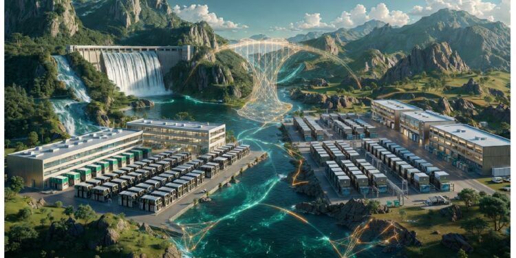 Central hidroeléctrica futurista con represa y agua cayendo, flanqueada por edificios industriales y módulos tipo data center unidos por una red digital luminosa en un valle montañoso.