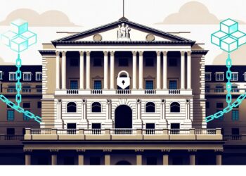 Edificio financiero neoclásico con cadenas de cubos digitales conectadas a sus lados y un candado al centro, evocando seguridad y vínculo entre banca tradicional y tecnología blockchain.