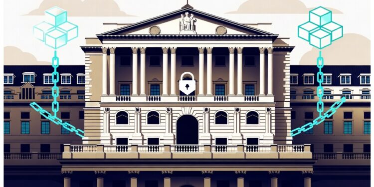 Edificio financiero neoclásico con cadenas de cubos digitales conectadas a sus lados y un candado al centro, evocando seguridad y vínculo entre banca tradicional y tecnología blockchain.