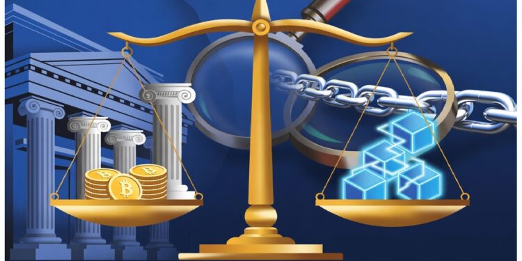 Balanza dorada con monedas de Bitcoin a la izquierda y cubos digitales azules a la derecha, con una lupa enfocando una cadena, evocando contraste entre finanzas tradicionales y tecnología blockchain.