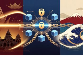 Diseños arquitectónicos dorados tipo templo, un candado digital con cadenas luminosas y arte japonés con ola y montaña, simbolizando el cruce entre tradición cultural y tecnología.