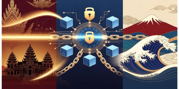 Diseños arquitectónicos dorados tipo templo, un candado digital con cadenas luminosas y arte japonés con ola y montaña, simbolizando el cruce entre tradición cultural y tecnología.