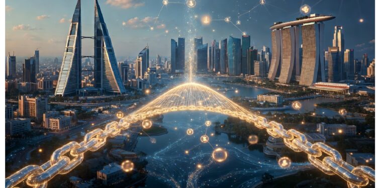 Isla tropical con mar turquesa y cadena dorada luminosa sobrepuesta, acompañada de gráficos y nodos digitales flotantes que evocan conexión tecnológica en un entorno natural.