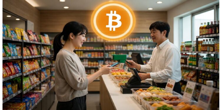 Persona pagando con móvil en tienda mientras símbolo dorado de Bitcoin brilla sobre el mostrador, evocando adopción cotidiana de pagos digitales en entorno comercial moderno.