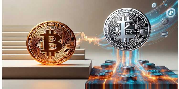 Dos monedas de criptomonedas, una dorada y otra plateada con símbolo de Bitcoin, conectadas por líneas digitales brillantes sobre una plataforma tecnológica, evocando intercambio y finanzas digitales.
