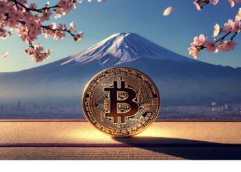 Moneda dorada de Bitcoin en primer plano con paisaje montañoso y ramas florales rosadas alrededor, evocando contraste entre elementos naturales y presencia de tecnología financiera.