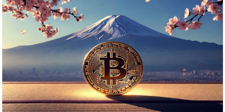 Moneda dorada de Bitcoin en primer plano con paisaje montañoso y ramas florales rosadas alrededor, evocando contraste entre elementos naturales y presencia de tecnología financiera.