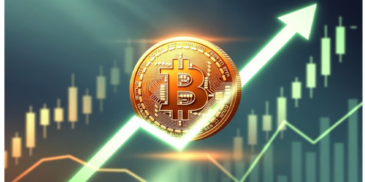 Símbolo dorado de Bitcoin sobre fondo de gráficos financieros con velas y flecha verde ascendente, evocando crecimiento del mercado cripto y dinámica de valoración digital.