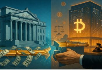Escena dividida entre banca tradicional y criptomonedas: edificio Wells Fargo, flujo de billetes y válvula que dirige dinero hacia un edificio digital con símbolo Bitcoin, justicia y regulación financiera.