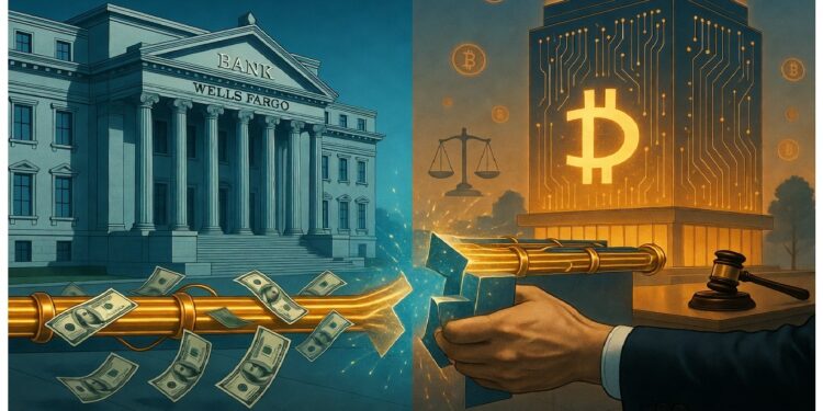 Escena dividida entre banca tradicional y criptomonedas: edificio Wells Fargo, flujo de billetes y válvula que dirige dinero hacia un edificio digital con símbolo Bitcoin, justicia y regulación financiera.