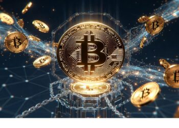 Monedas doradas de Bitcoin flotando en entorno oscuro con líneas y patrones luminosos azules y dorados, evocando transacciones digitales y dinámica visual asociada a tecnología cripto.